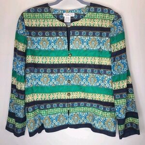 Vtg Talbots Silk Blazer Jacket Womens Large Blue Green Baroque Print Lined